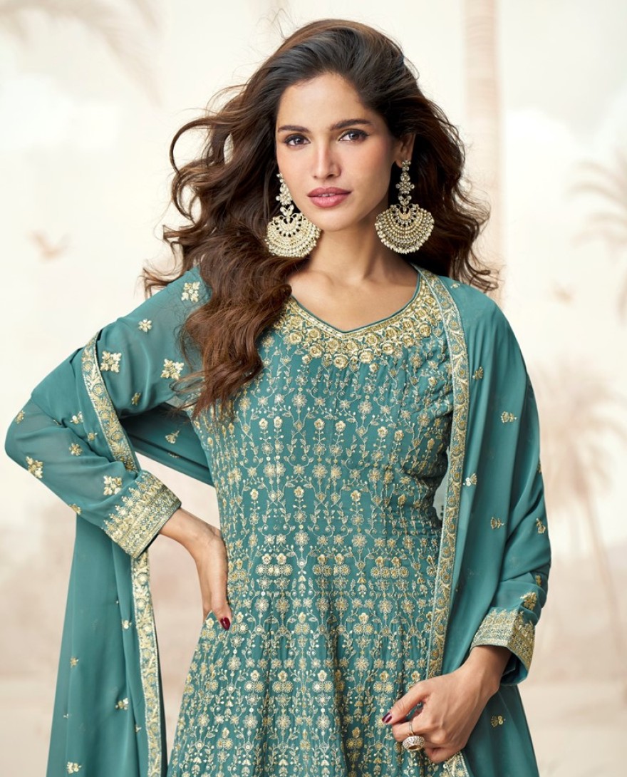 10222-blue - Teal Blue Georgette Sharara Suit Set with Heavy Embroidery